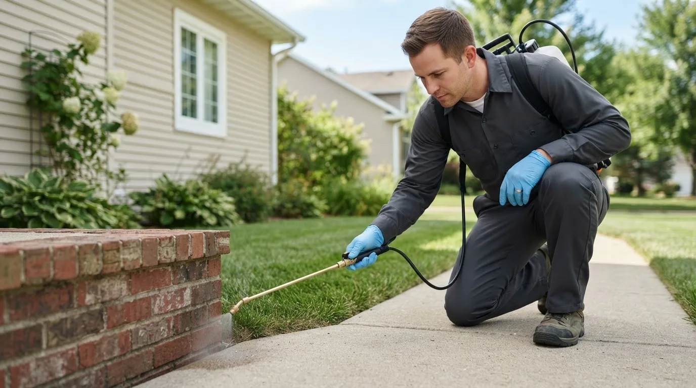 Pest control technician treating a home near Bonfield, IL