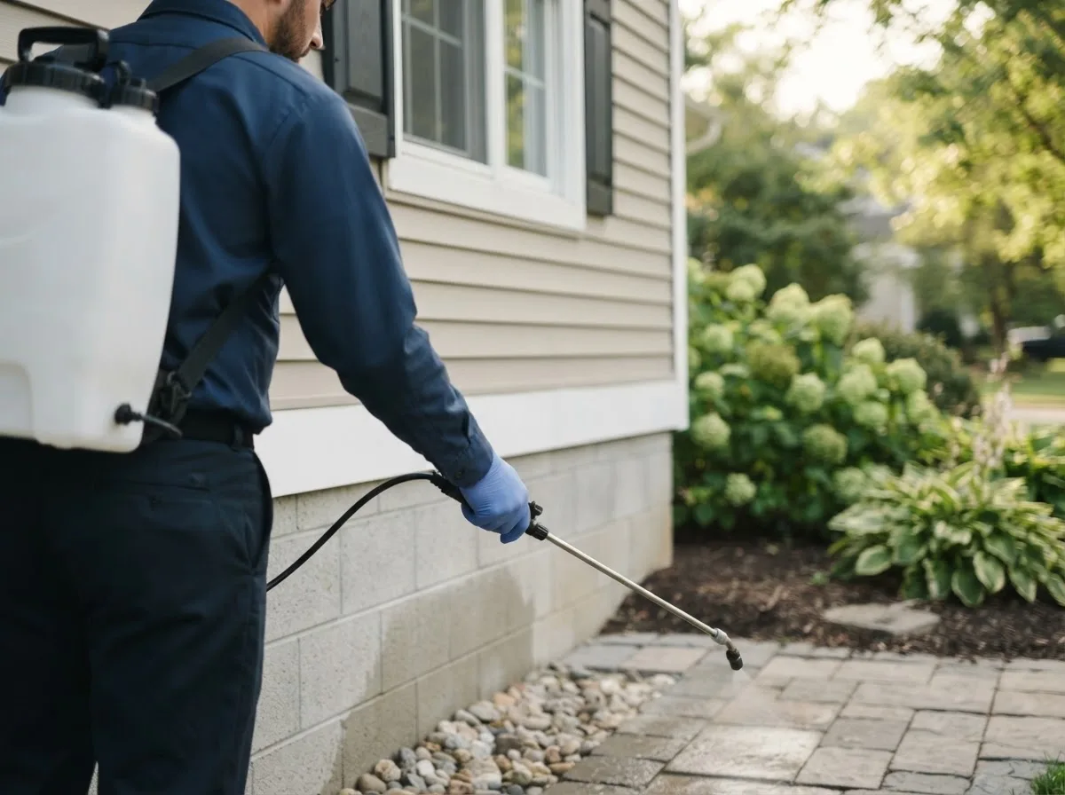 Pest control technician inspecting a home in Bonfield, IL